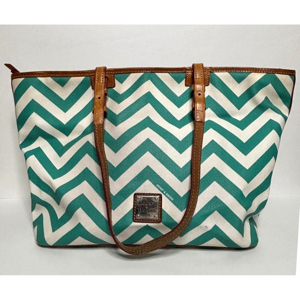 Dooney & Bourke Chevron Shopper Tote Bag Teal White Leather Trim Shoulder Bag